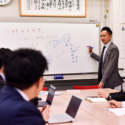 社内で仕事中の営業企画部社員